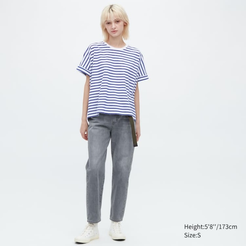 Uniqlo Cotton Striped French Sleeved Women's T Shirts White / Blue | BKICME649