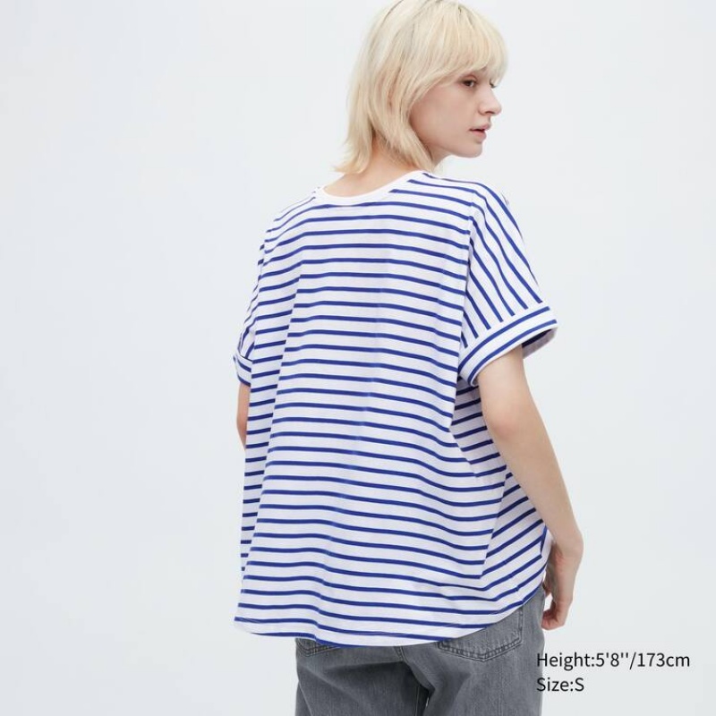 Uniqlo Cotton Striped French Sleeved Women's T Shirts White / Blue | BKICME649