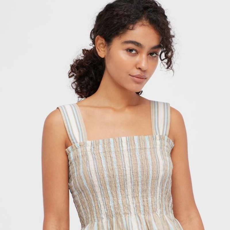 Uniqlo Cotton Striped Gathered Sleeveless Women's Blouse Beige | INGCYM305