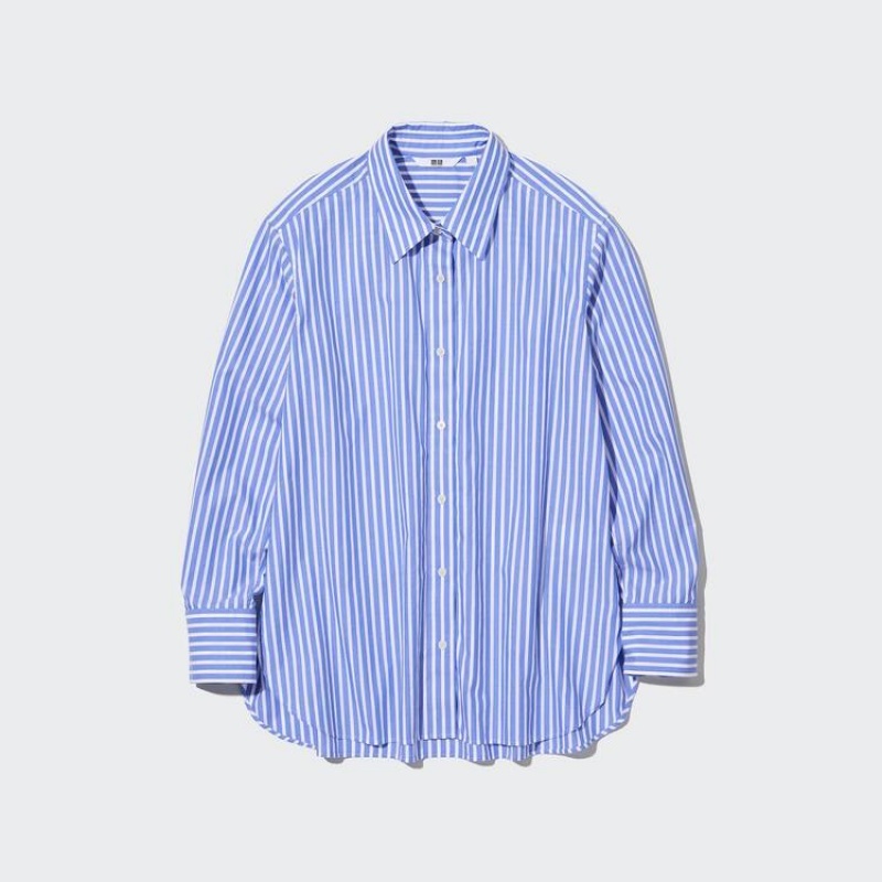 Uniqlo Cotton Striped Long Sleeved Women's Shirts Blue / White | UJNPAH945