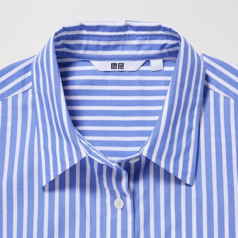 Uniqlo Cotton Striped Long Sleeved Women's Shirts Blue / White | UJNPAH945