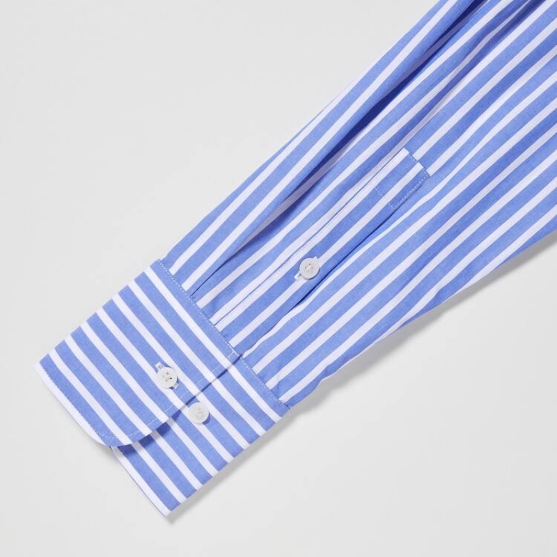 Uniqlo Cotton Striped Long Sleeved Women's Shirts Blue / White | UJNPAH945