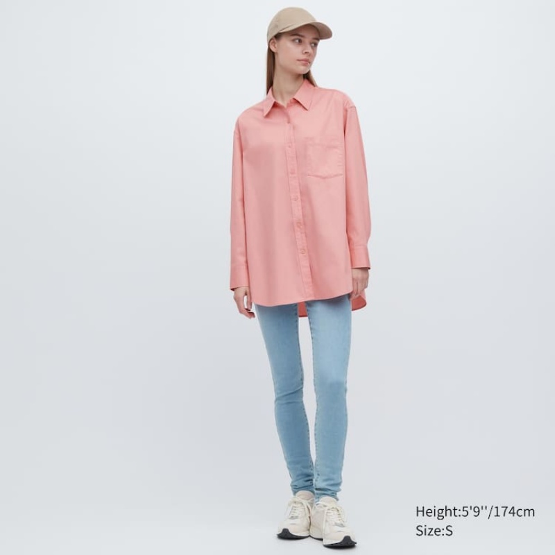 Uniqlo Cotton Twill Oversized Long Sleeved Women's Shirts Pink | OJNHRE917