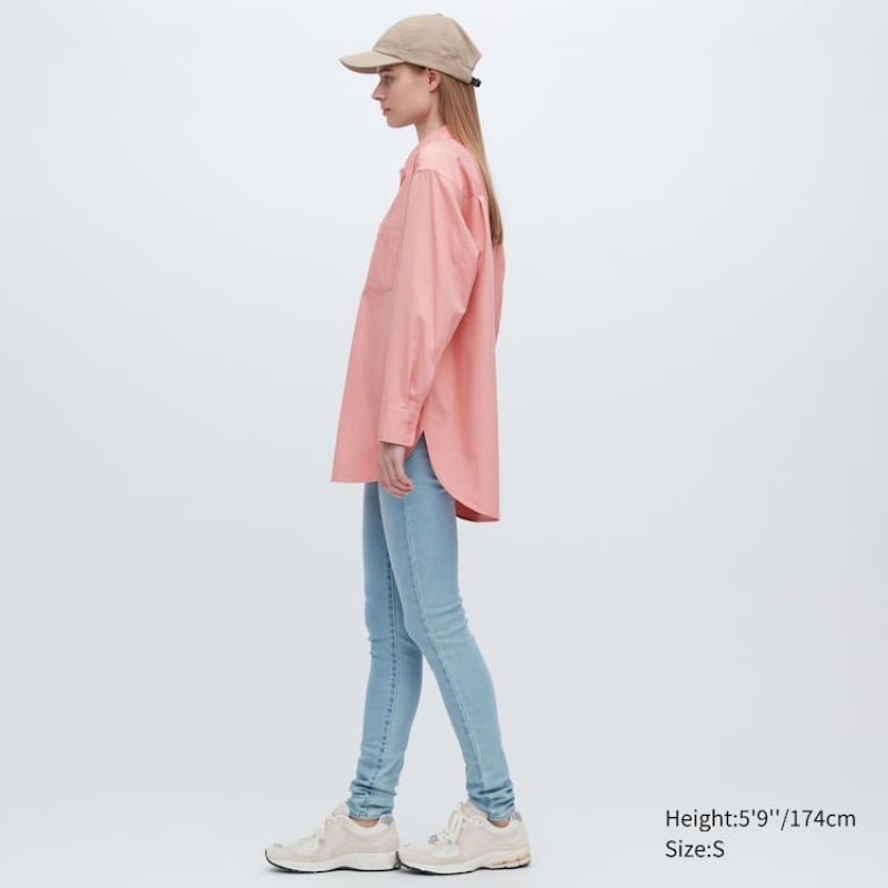 Uniqlo Cotton Twill Oversized Long Sleeved Women's Shirts Pink | OJNHRE917