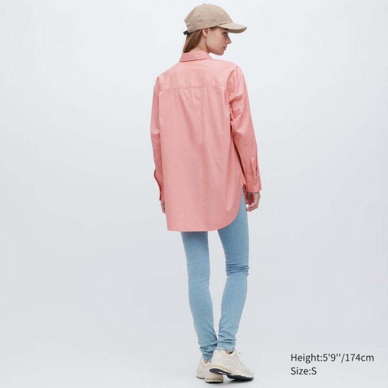 Uniqlo Cotton Twill Oversized Long Sleeved Women's Shirts Pink | OJNHRE917