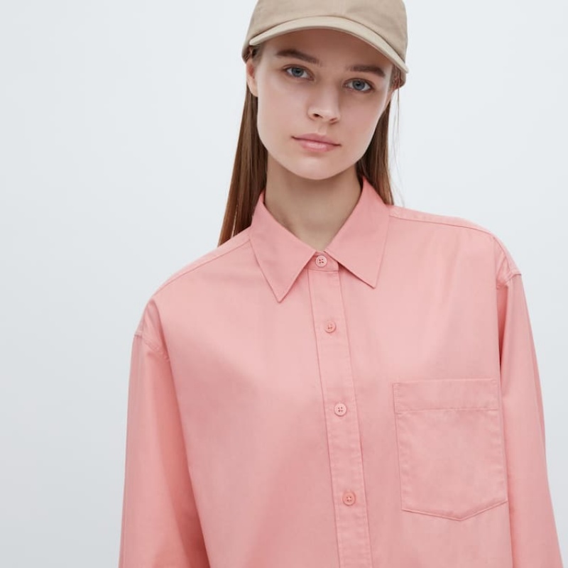 Uniqlo Cotton Twill Oversized Long Sleeved Women's Shirts Pink | OJNHRE917