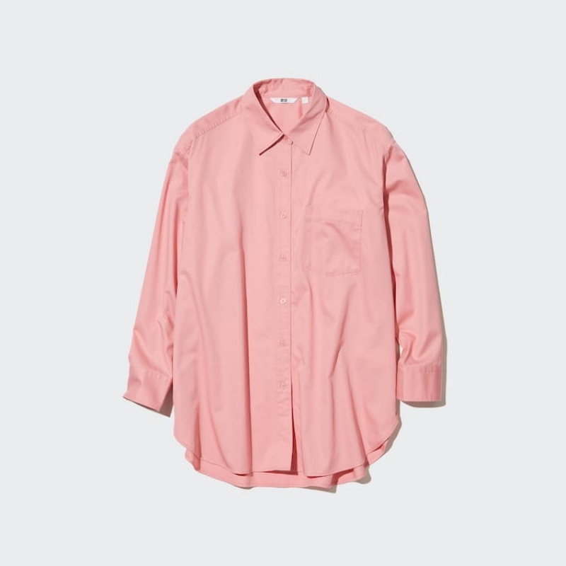 Uniqlo Cotton Twill Oversized Long Sleeved Women's Shirts Pink | OJNHRE917