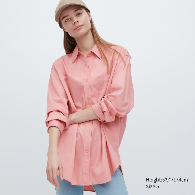 Uniqlo Cotton Twill Oversized Long Sleeved Women\'s Shirts Pink | OJNHRE917