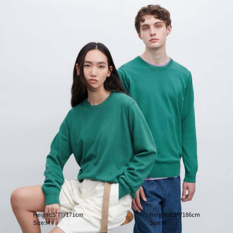 Uniqlo Cotton Washable Crew Neck Men's Jumpers Green | DMAWBL318