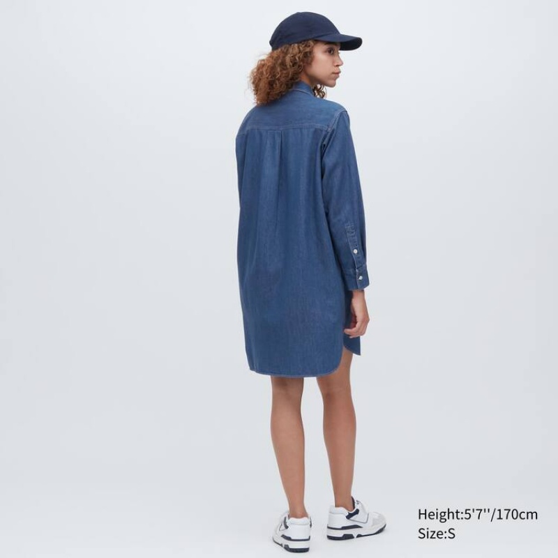 Uniqlo Denim Long Sleeved Women's Dress Blue | CLFEKQ514