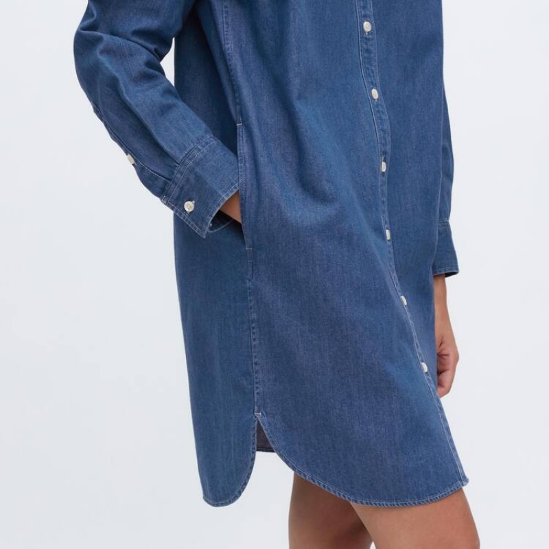 Uniqlo Denim Long Sleeved Women's Dress Blue | CLFEKQ514