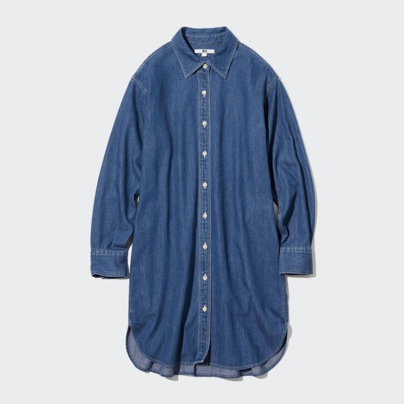 Uniqlo Denim Long Sleeved Women's Dress Blue | CLFEKQ514