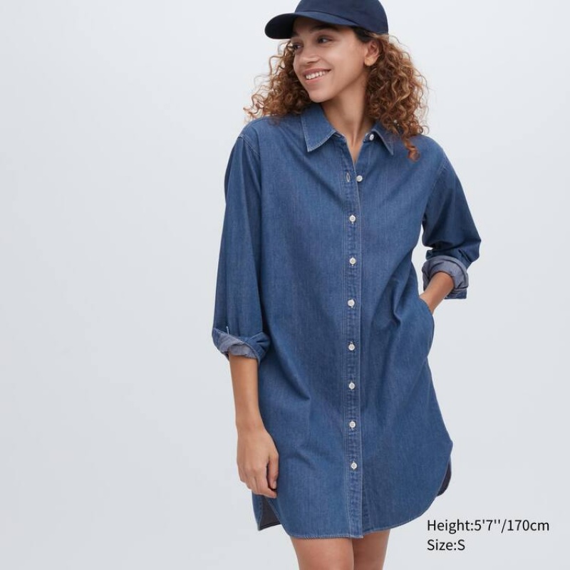 Uniqlo Denim Long Sleeved Women\'s Dress Blue | CLFEKQ514