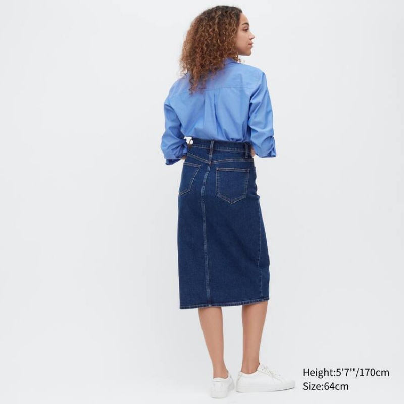 Uniqlo Denim Narrow Midi Women's Skirts Blue | ZLKMNJ253