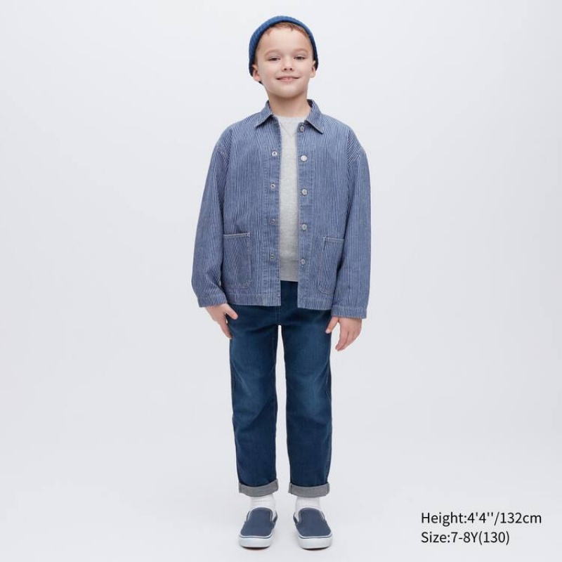 Uniqlo Denim Striped Overshirt Kids' Jackets Blue | DHEIMB692