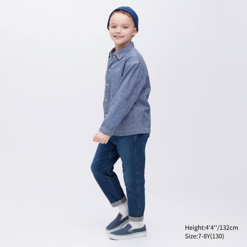 Uniqlo Denim Striped Overshirt Kids' Jackets Blue | DHEIMB692