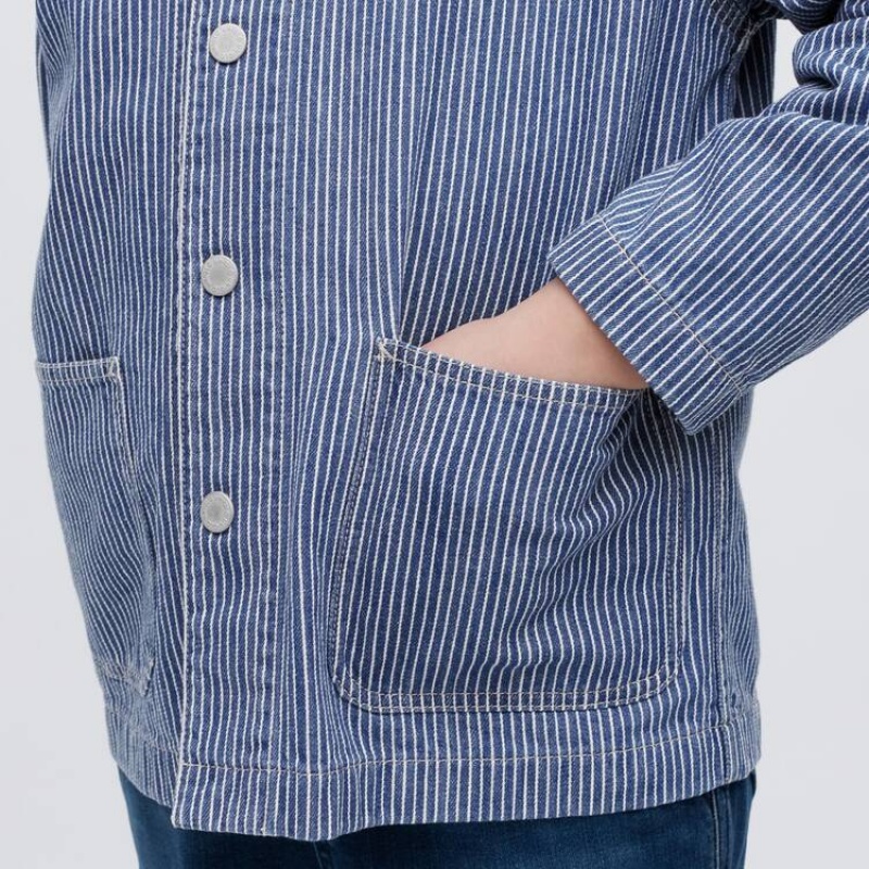 Uniqlo Denim Striped Overshirt Kids' Jackets Blue | DHEIMB692