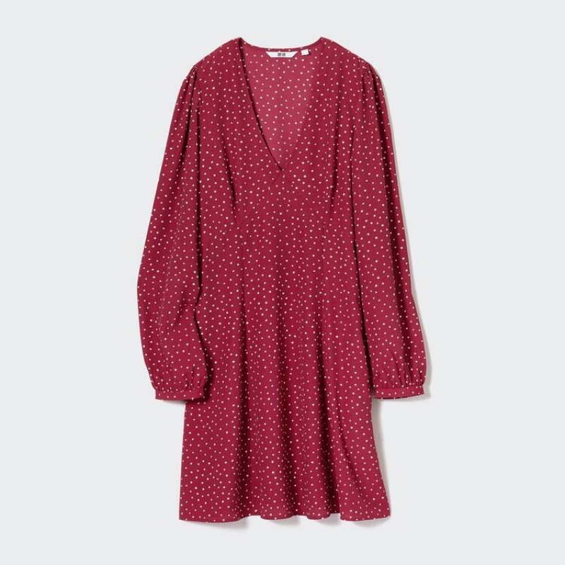 Uniqlo Dotted V Neck Long Sleeved Mini Women's Dress Red | FPZGOX568