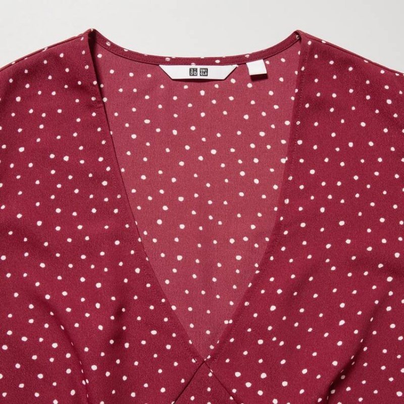 Uniqlo Dotted V Neck Long Sleeved Mini Women's Dress Red | FPZGOX568