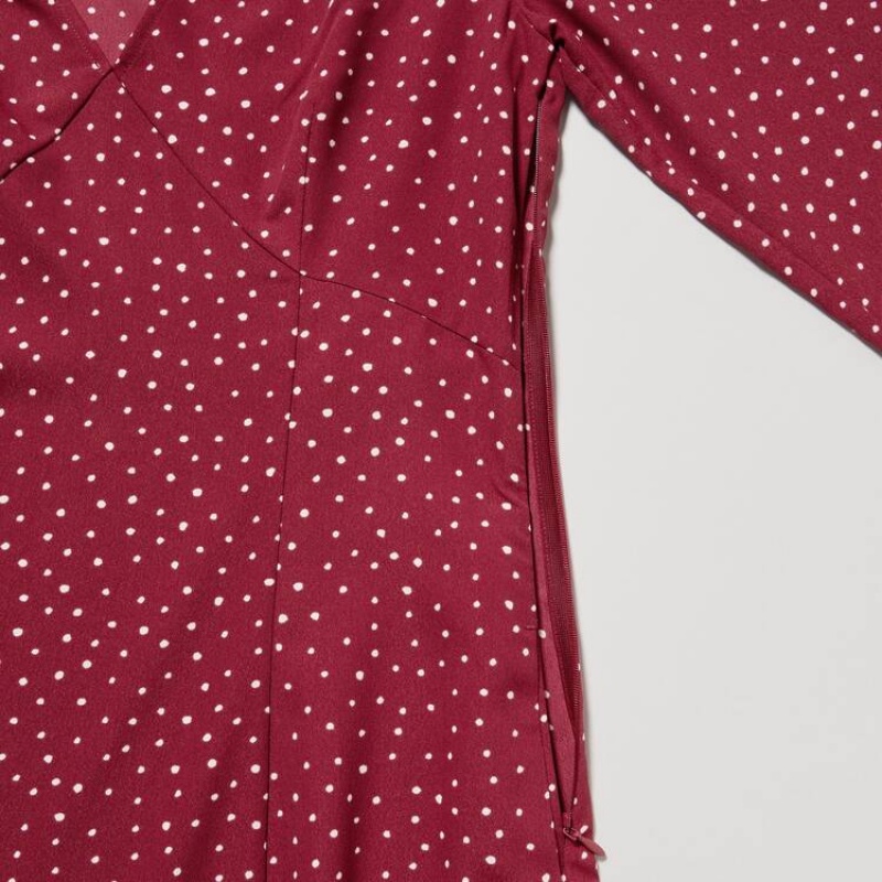 Uniqlo Dotted V Neck Long Sleeved Mini Women's Dress Red | FPZGOX568