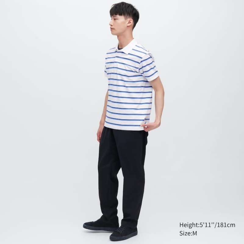 Uniqlo Dry Piqué Striped Men's Polo Shirts White | YRDBHQ298