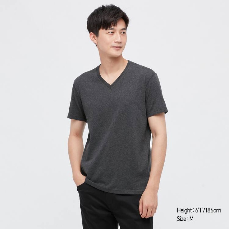 Uniqlo Dry V Neck Men\'s T Shirts Dark Grey | ILMODG637