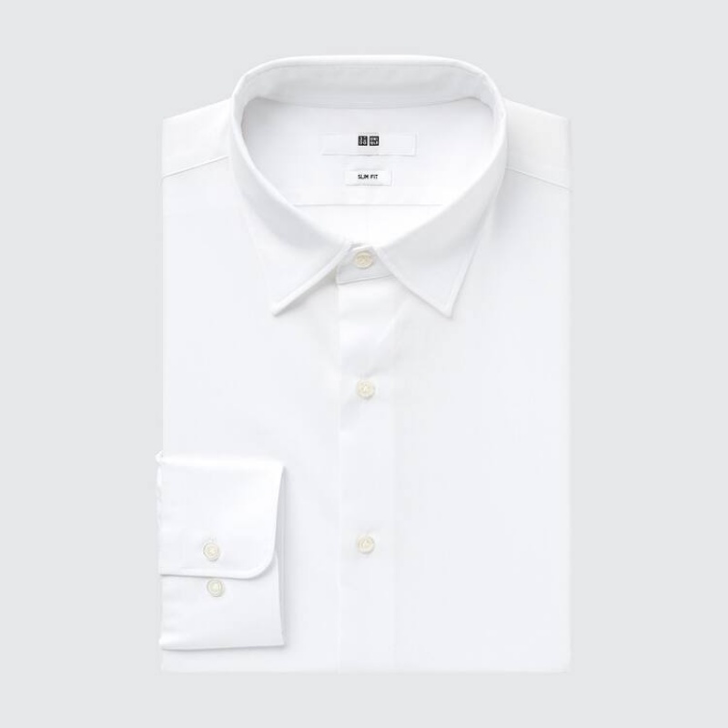 Uniqlo Easy Care Broadcloth Stretch Slim Fit (Regular Collar) Men\'s Shirts White | IUFSPC498