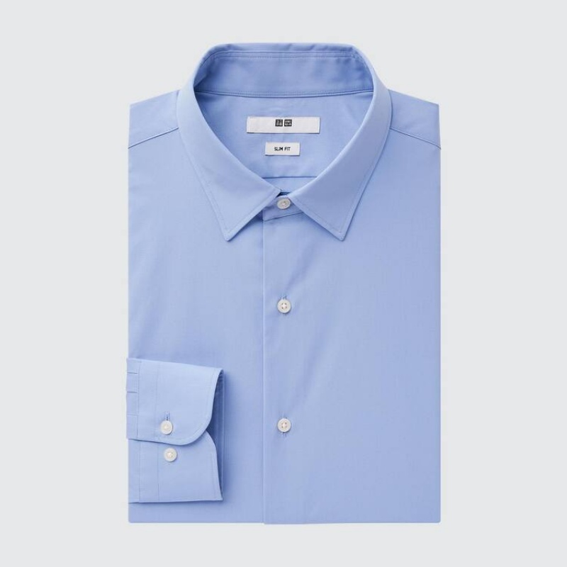 Uniqlo Easy Care Broadcloth Stretch Slim Fit (Regular Collar) Men's Shirts Blue | UKPAFC631