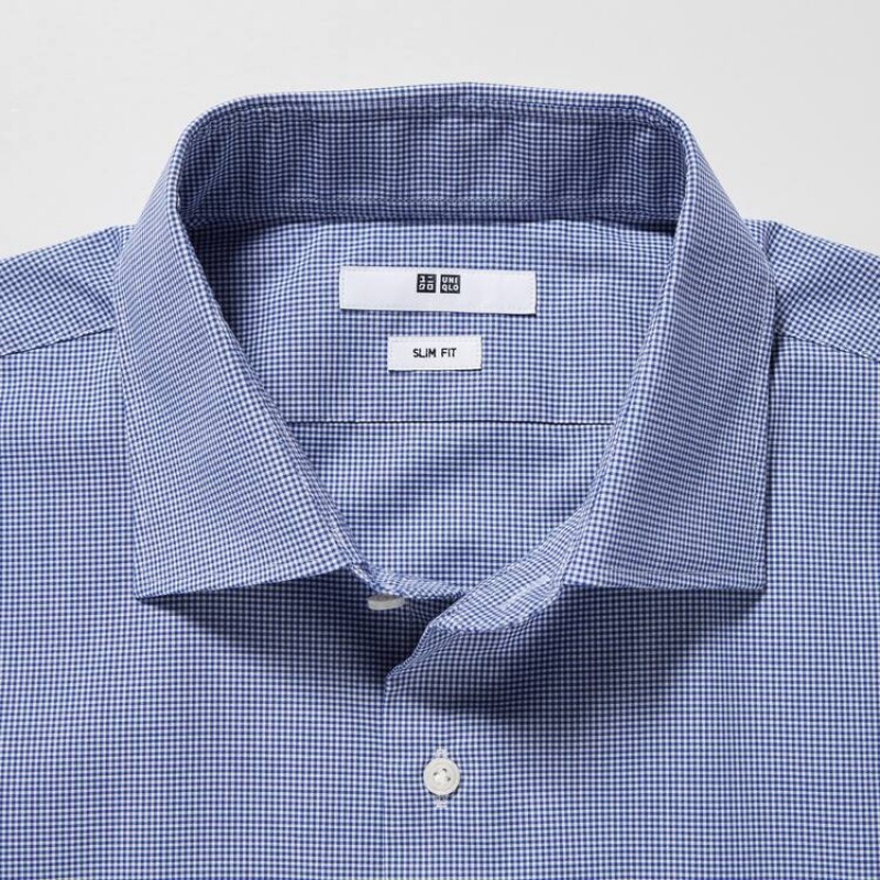 Uniqlo Easy Care Broadcloth Stretch Slim Fit (Semi-cutaway Collar) Men's Shirts Blue | LUBWZD587