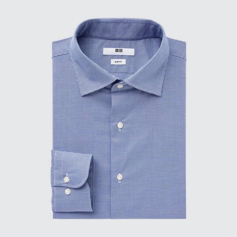 Uniqlo Easy Care Broadcloth Stretch Slim Fit (Semi-cutaway Collar) Men\'s Shirts Blue | LUBWZD587