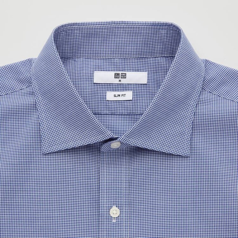 Uniqlo Easy Care Checked Stretch Slim Fit (Semi-cutaway Collar) Men's Shirts Blue | GPXQYT096