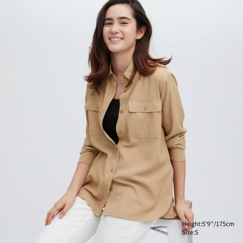 Uniqlo Easy Care Long Sleeved Women\'s Shirts Beige | ILTDAE832