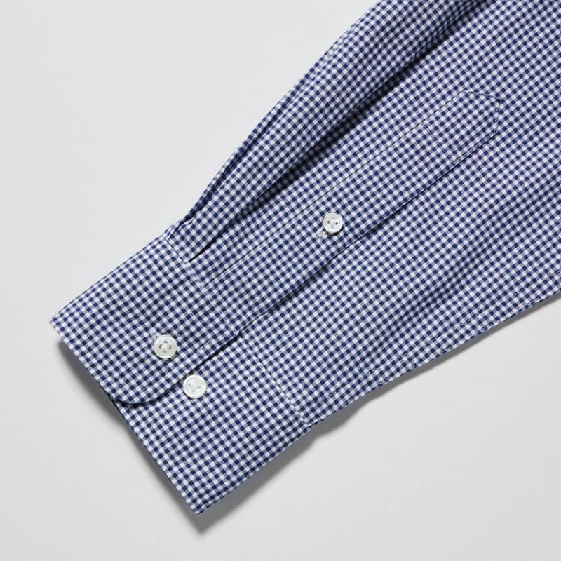 Uniqlo Extra Fine Cotton Broadcloth Checked (Button-down Collar) Men's Shirts Blue | UCNEAH795