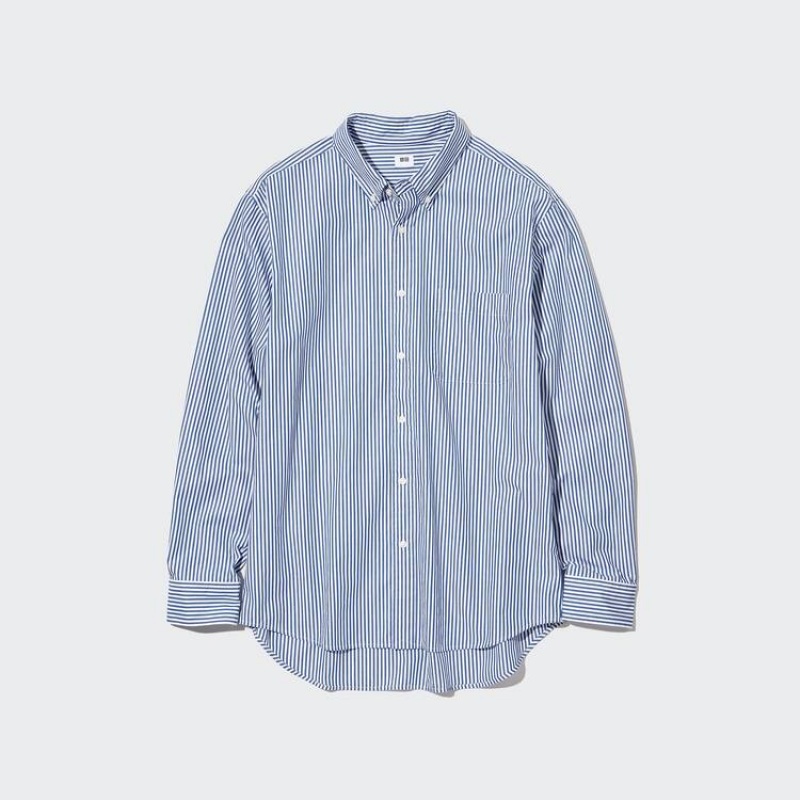 Uniqlo Extra Fine Cotton Broadcloth Regular Fit Striped (Button-down Collar) Men's Shirts Blue | ALVGFS421