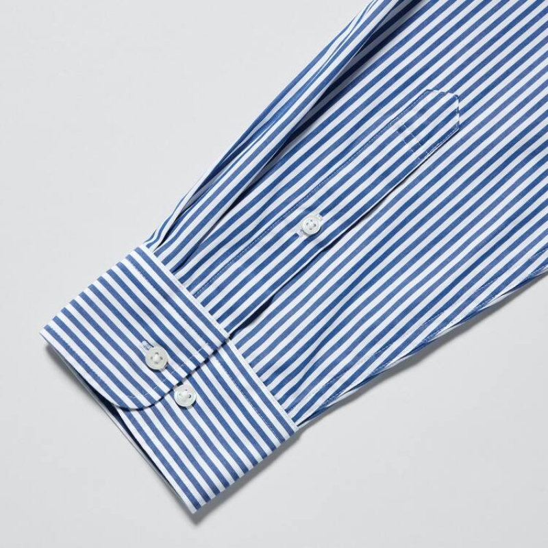 Uniqlo Extra Fine Cotton Broadcloth Regular Fit Striped (Button-down Collar) Men's Shirts Blue | ALVGFS421