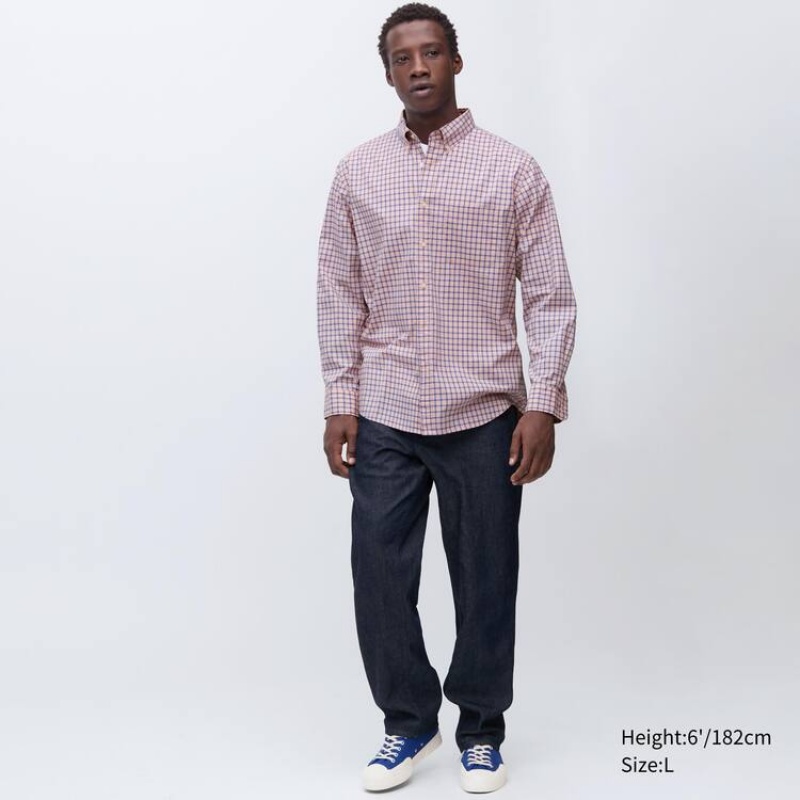 Uniqlo Extra Fine Cotton Broadcloth Regular Fit Checked (Button-down Collar) Men's Shirts Pink | CUONAT035