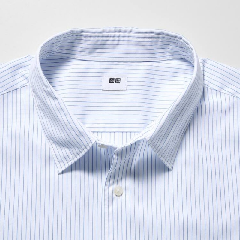 Uniqlo Extra Fine Cotton Broadcloth Regular Fit Striped Men's Shirts Blue | DQJRTA748