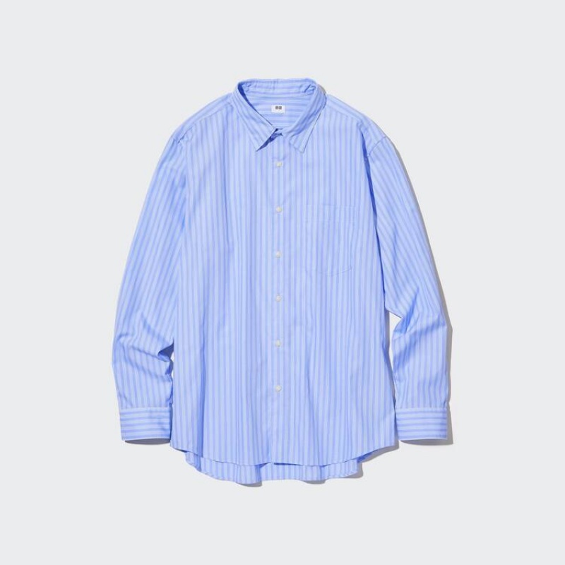 Uniqlo Extra Fine Cotton Broadcloth Regular Fit Striped Men's Shirts Blue | QWKSTZ934