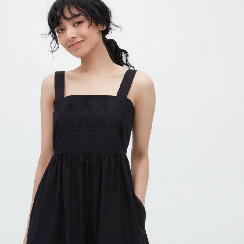 Uniqlo Eyelet Cotton Sleeveless Midi Women's Dress Black | WAUTZY693