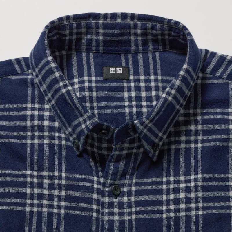 Uniqlo Flannel Regular Fit Checked (Button-down Collar) Men's Shirts Navy | XPQGBF465