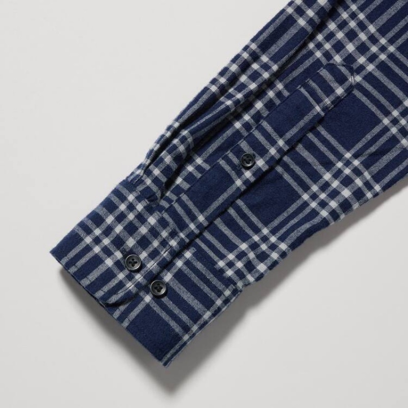 Uniqlo Flannel Regular Fit Checked (Button-down Collar) Men's Shirts Navy | XPQGBF465