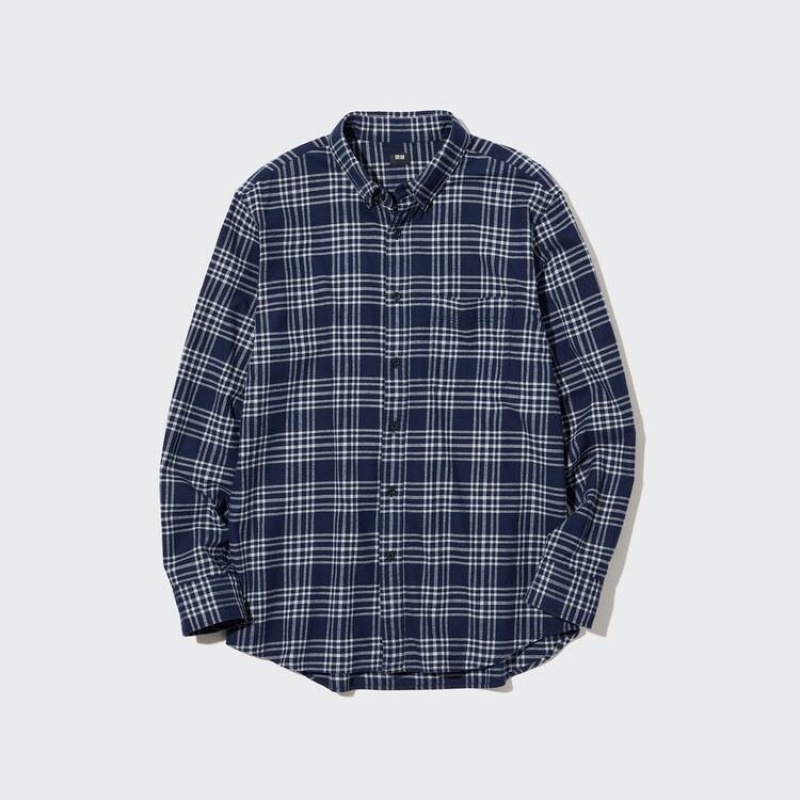 Uniqlo Flannel Regular Fit Checked (Button-down Collar) Men\'s Shirts Navy | XPQGBF465