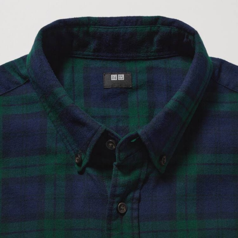 Uniqlo Flannel Regular Fit Checked (Button-down Collar) Men's Shirts Dark Green | DUYKAG896