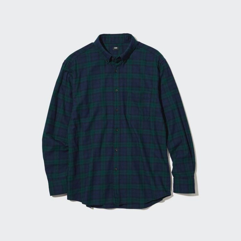 Uniqlo Flannel Regular Fit Checked (Button-down Collar) Men\'s Shirts Dark Green | DUYKAG896