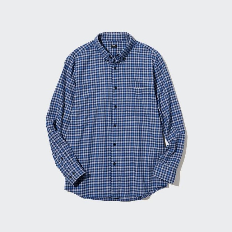 Uniqlo Flannel Regular Fit Checked (Button-down Collar) Men\'s Shirts Blue | OCBSUK125