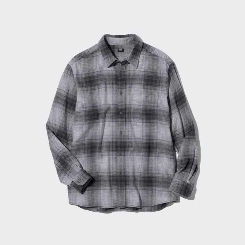 Uniqlo Flannel Regular Fit Checked (Regular Collar) Men\'s Shirts Grey | IWOYRA306