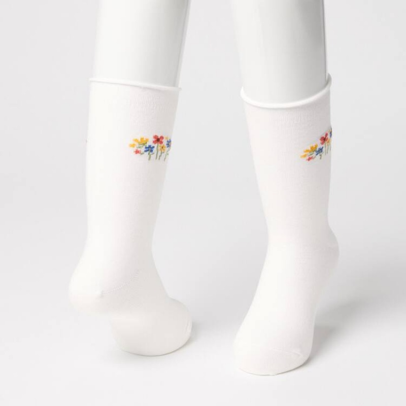 Uniqlo Flower Print Regular (Three Pairs) Kids' Socks White / Purple / Navy | OWYTHF581