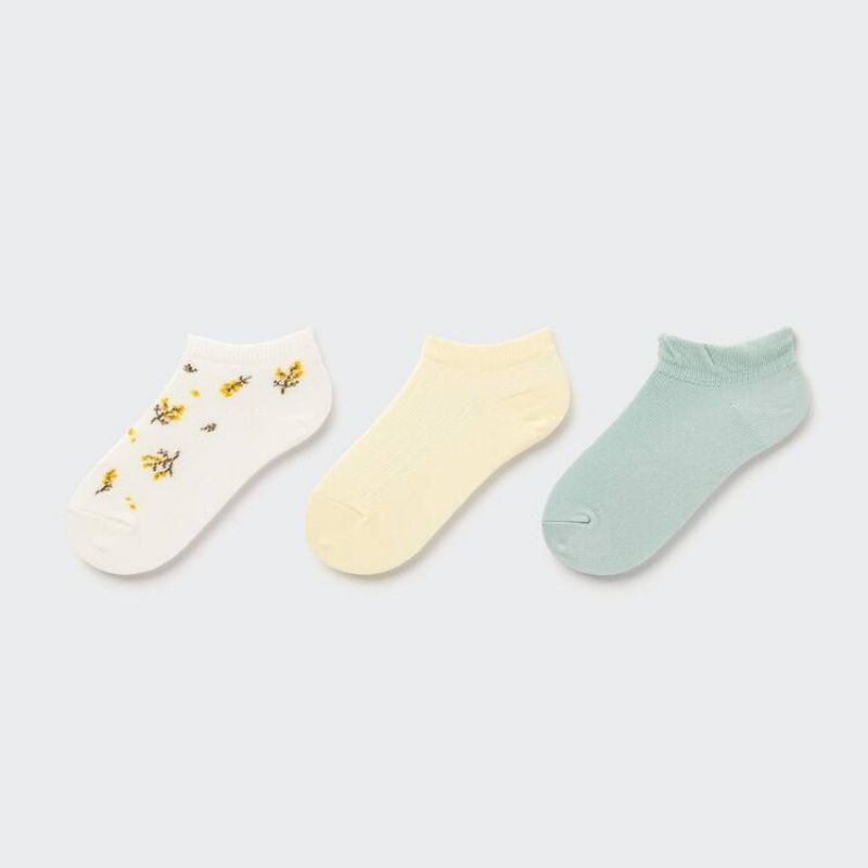 Uniqlo Flower Print Short (Three Pairs) Kids\' Socks Cream / Yellow / Blue | YVWHPA027