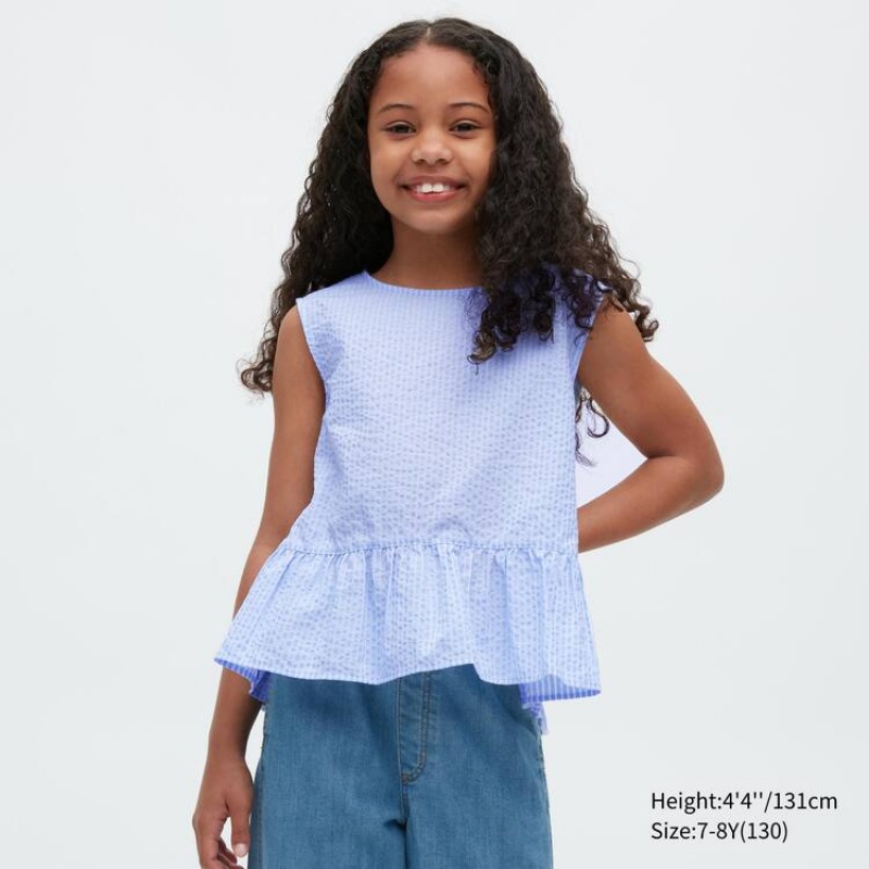 Uniqlo Gathered Striped Short Sleeved Kids\' Blouse Blue | JTEYXK084