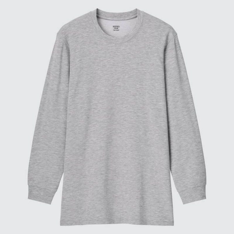 Uniqlo Heattech Extra Warm Cotton Heather Crew Neck Long Sleeved Thermal Men's Tops Grey | YMKRPU580